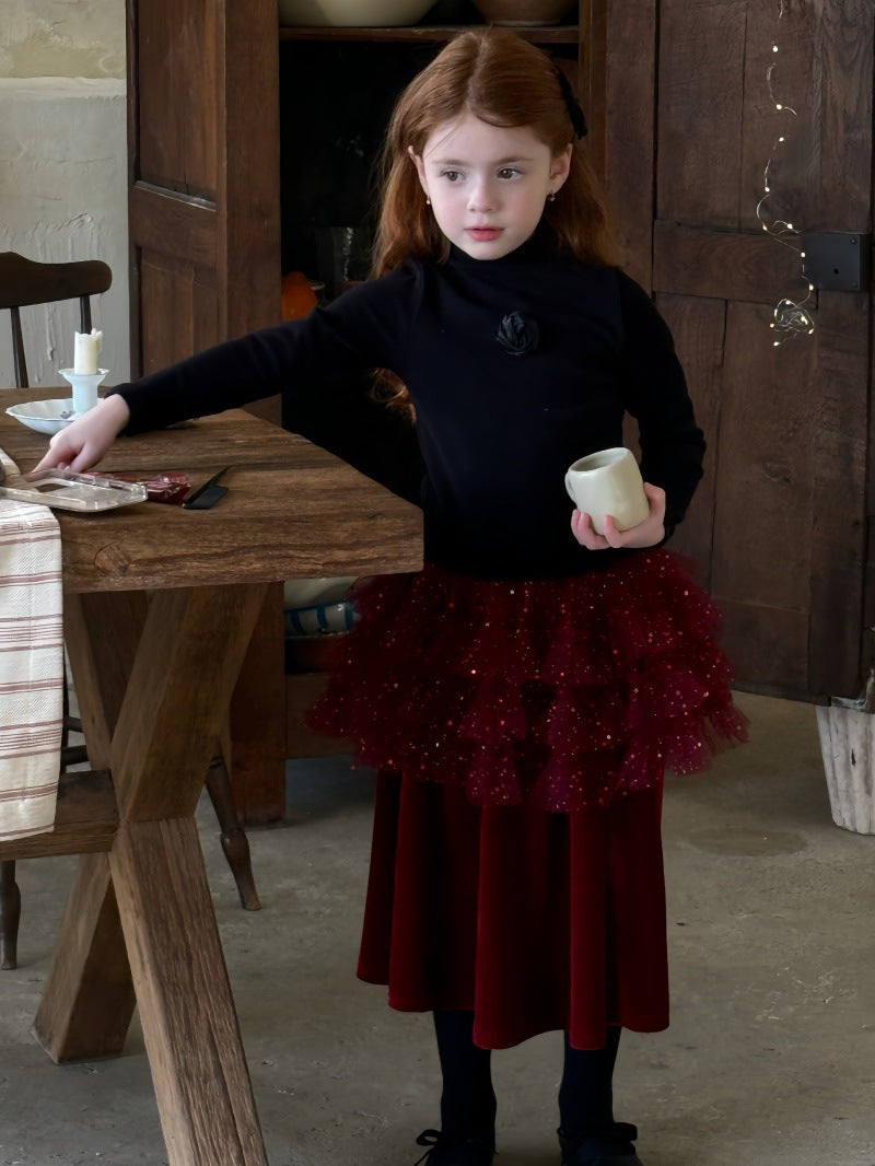 ハイネック長袖Tシャツ/ベルベッドメッシュドッキングスカート【mh0011888】