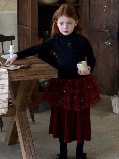 ハイネック長袖Tシャツ/ベルベッドメッシュドッキングスカート【mh0011888】