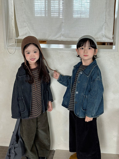 Kids' Denim Jacket with Piping and Pockets【mh0014782】