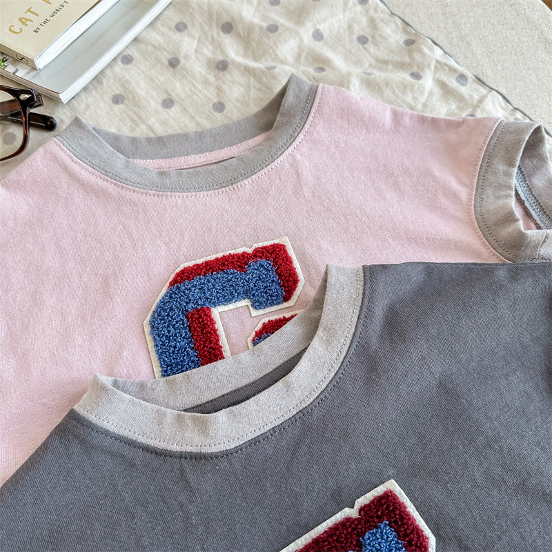 Kids' Alphabet Patchwork Applique Ringer Loose Short-Sleeved T-Shirt [mh0001820]