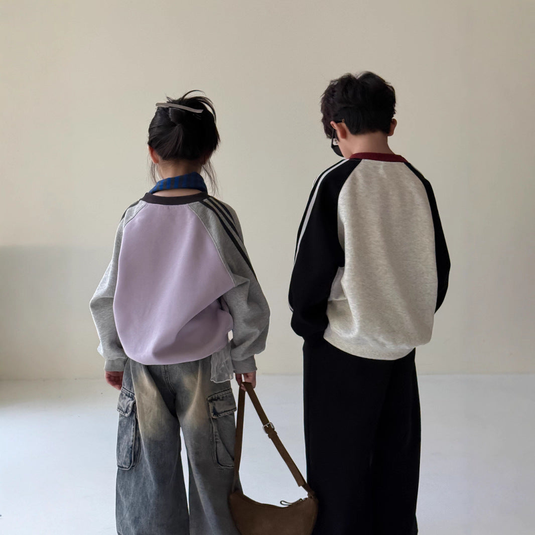 -アメリカンカラーブロック長袖スウェット アルファベットロゴ入りゆったりプルオーバー【mh0010764】 - mamahalo shop - トレーナー・フーディ -  べビー服 - 子供服 - 男の子 - 女の子