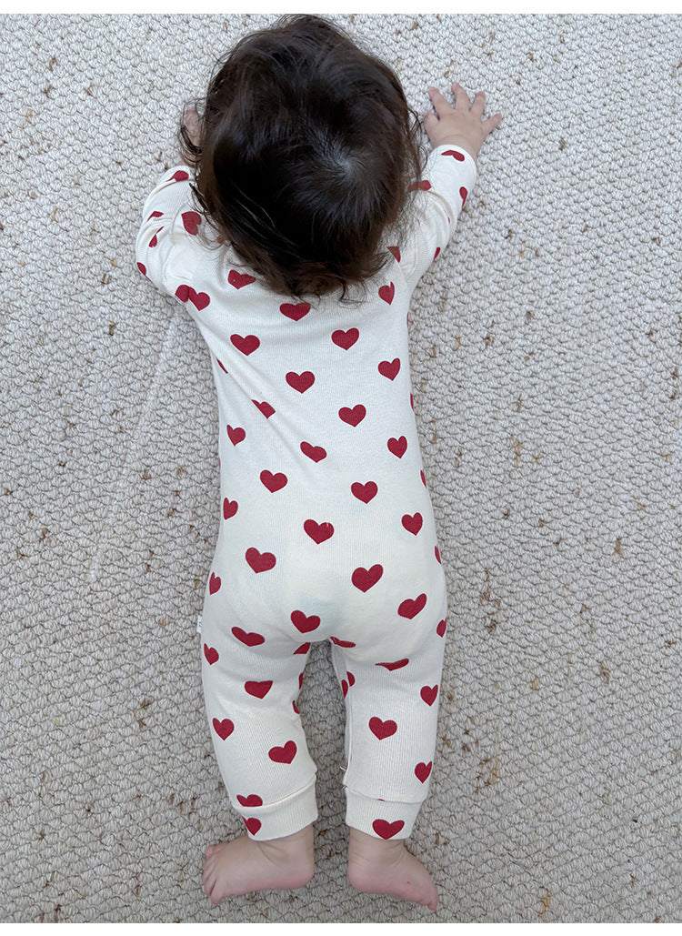 -ハート/リボンプリントジップアップ長袖ジャンプスーツ【mh0010734】 - mamahalo shop - 長袖ロンパース -  べビー服 - 子供服 - 男の子 - 女の子