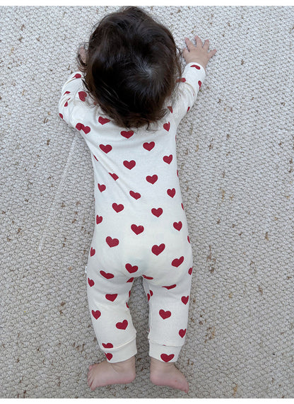 -ハート/リボンプリントジップアップ長袖ジャンプスーツ【mh0010734】 - mamahalo shop - 長袖ロンパース -  べビー服 - 子供服 - 男の子 - 女の子