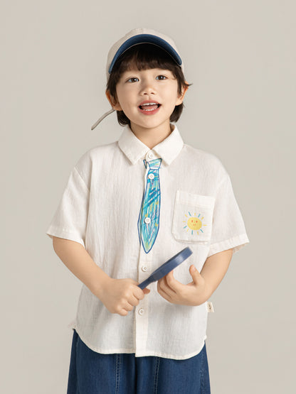 Hand-Drawn Tie Print Cotton Shirt ネクタイプリント コットン 半袖シャツ【mh0012731】
