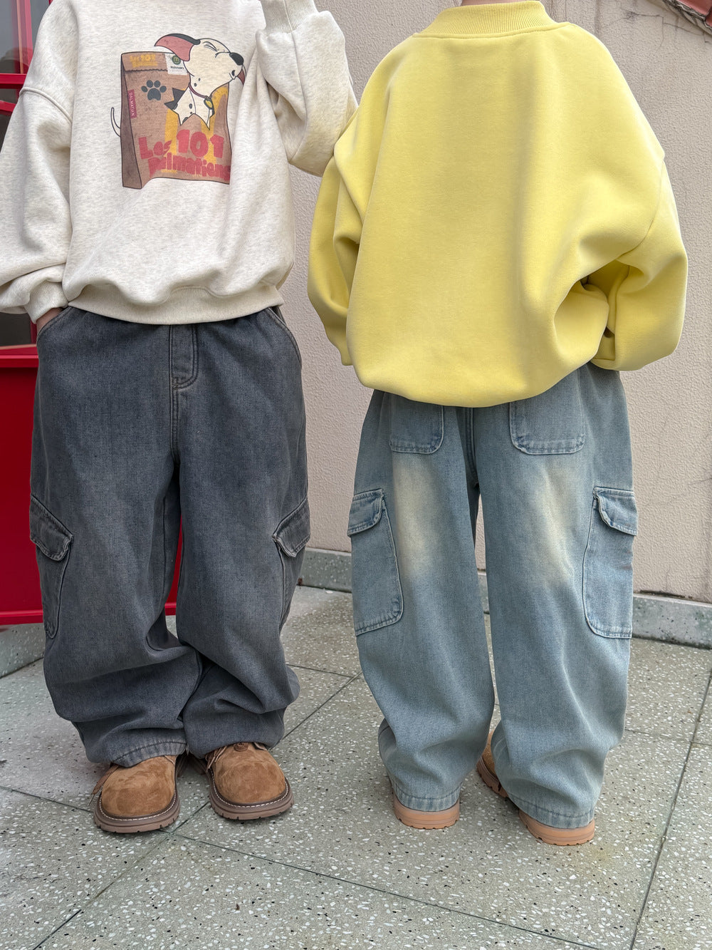 デニムカーゴパンツ 裏フリース ボーイフレンドストレート ポケット ジーンズ【mh0011876】