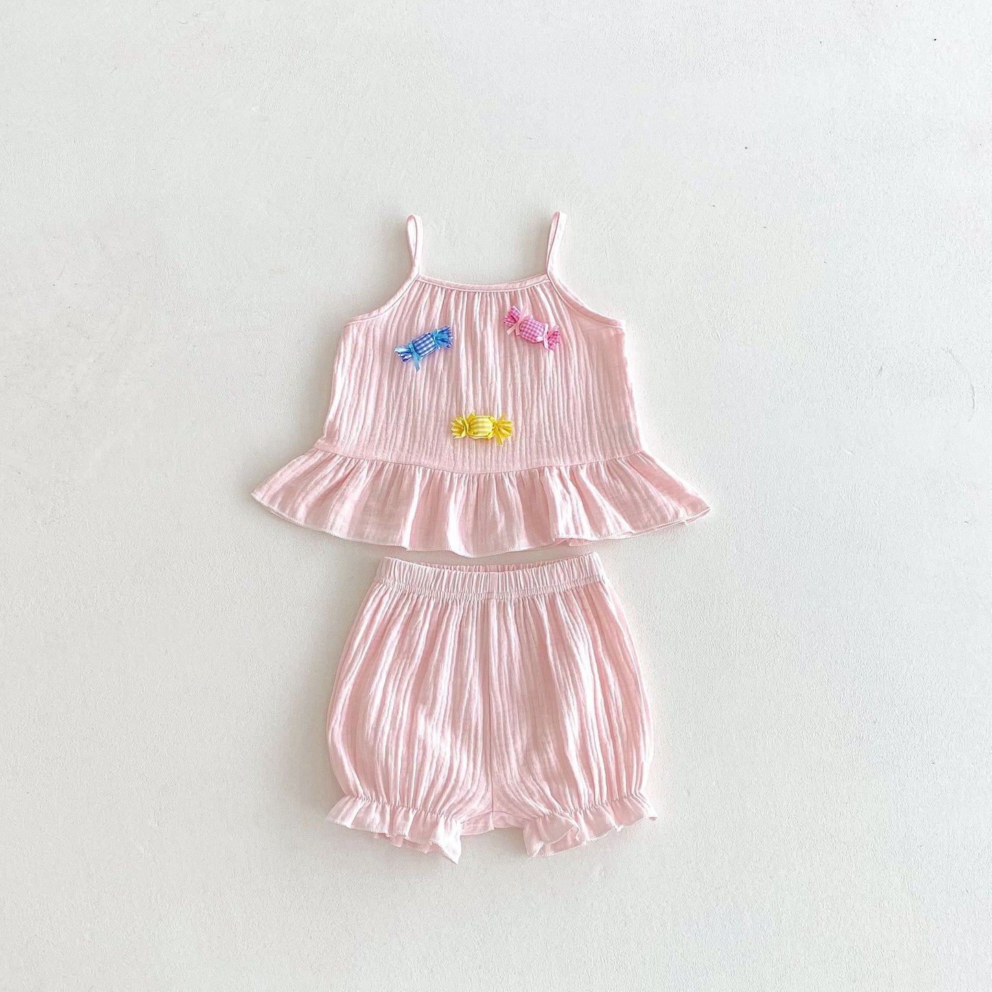 Candy Applique Gauze Frill Flared Set キャンディ キャミソール ショートパンツ セット【mh0013438】