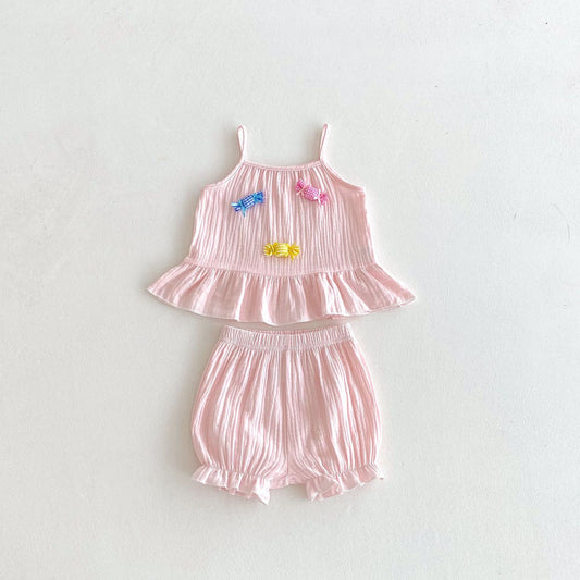 Candy Applique Gauze Frill Flared Set キャンディ キャミソール ショートパンツ セット【mh0013438】