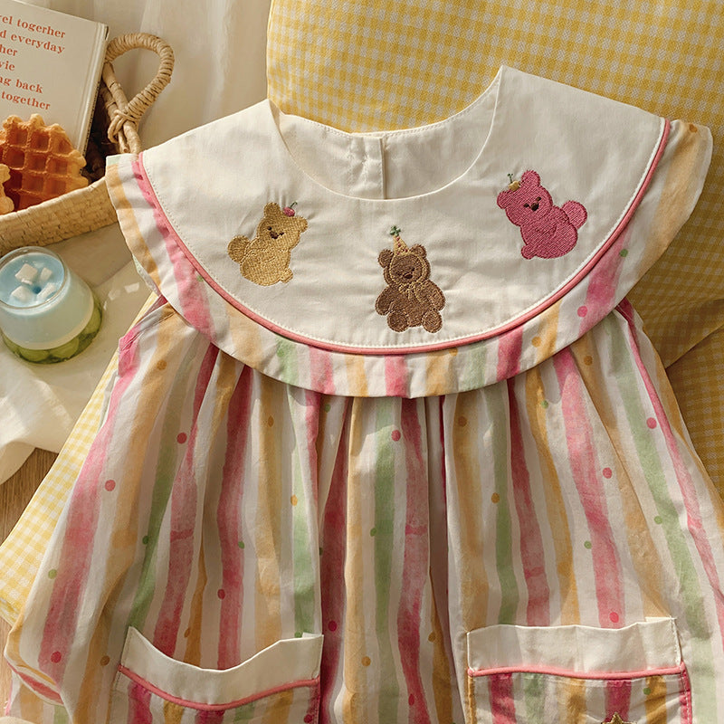 Embroidered Bear Stripe Dress ストライプ ノースリーブワンピース【mh0013652】