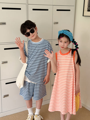 Casual Stripe Navy Orange Set ボーダー 半袖Tシャツ ハーフパンツ セット ノースリーブワンピース【mh0013531】