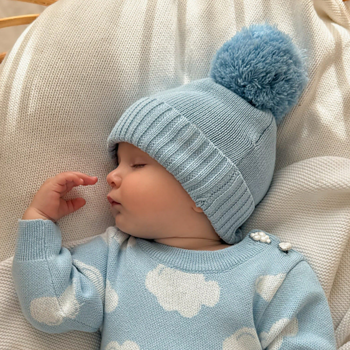 Pelele de punto de manga larga para bebé con estampado de nubes y gorro de punto con pompones [mh0014702]