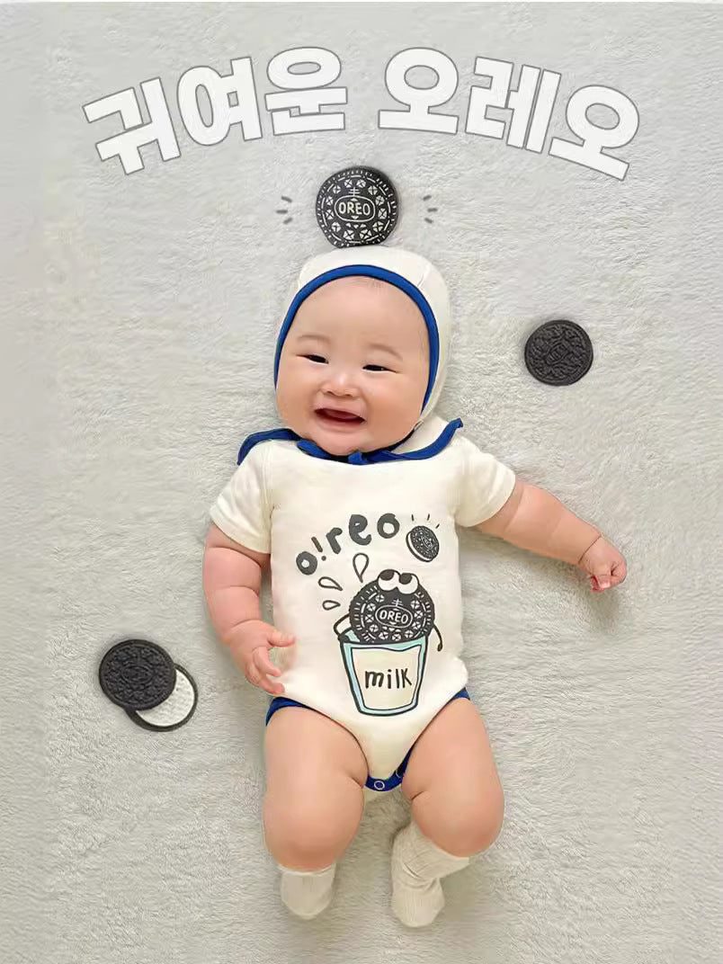 Oreo Milk Print Romper Bonnet Set クッキー 半袖ロンパース 帽子 セット【mh0013389】