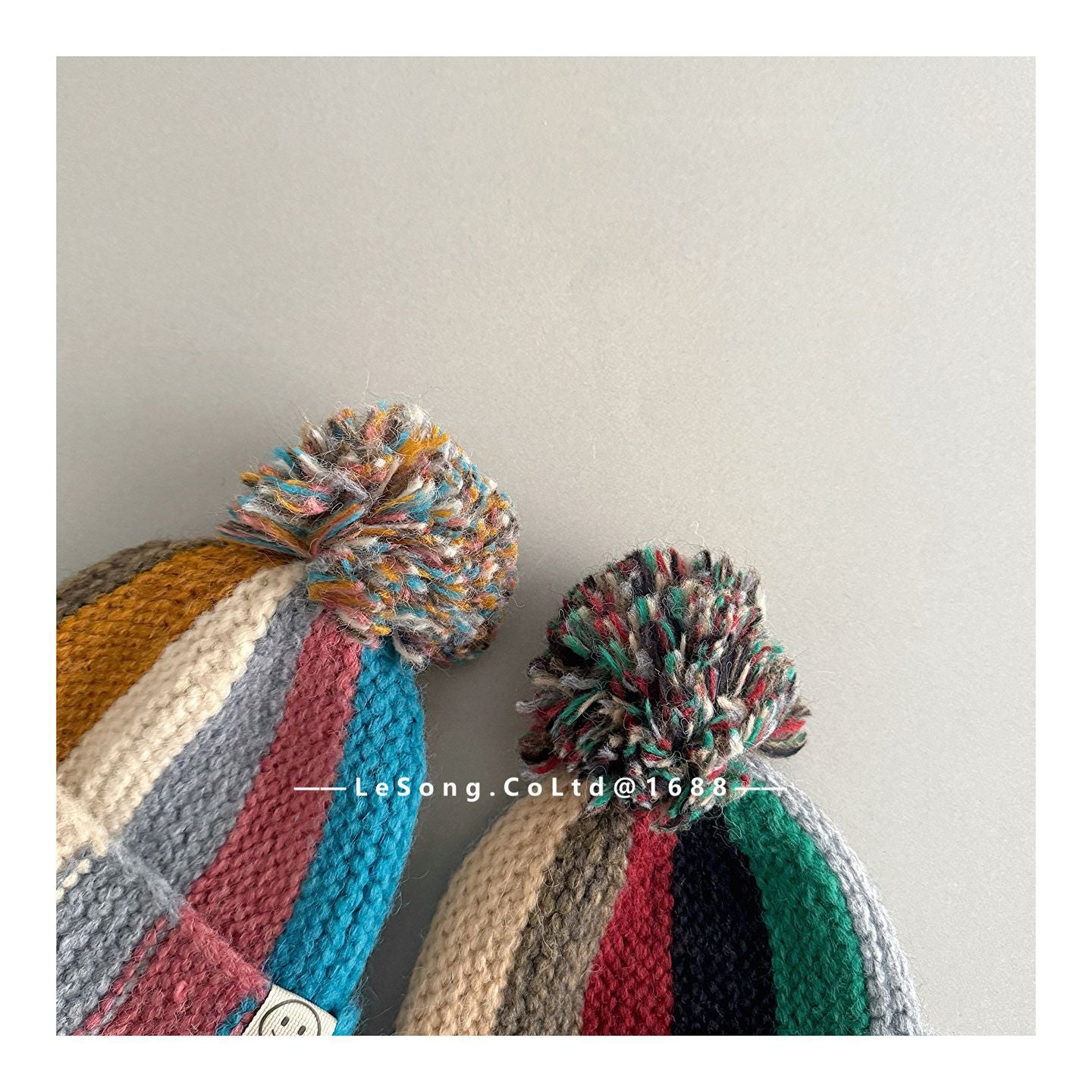 キッズ帽子 カラフルストライプ ニットキャップ ぽんぽん ビーニー【mh0011847】