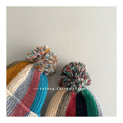 キッズ帽子 カラフルストライプ ニットキャップ ぽんぽん ビーニー【mh0011847】