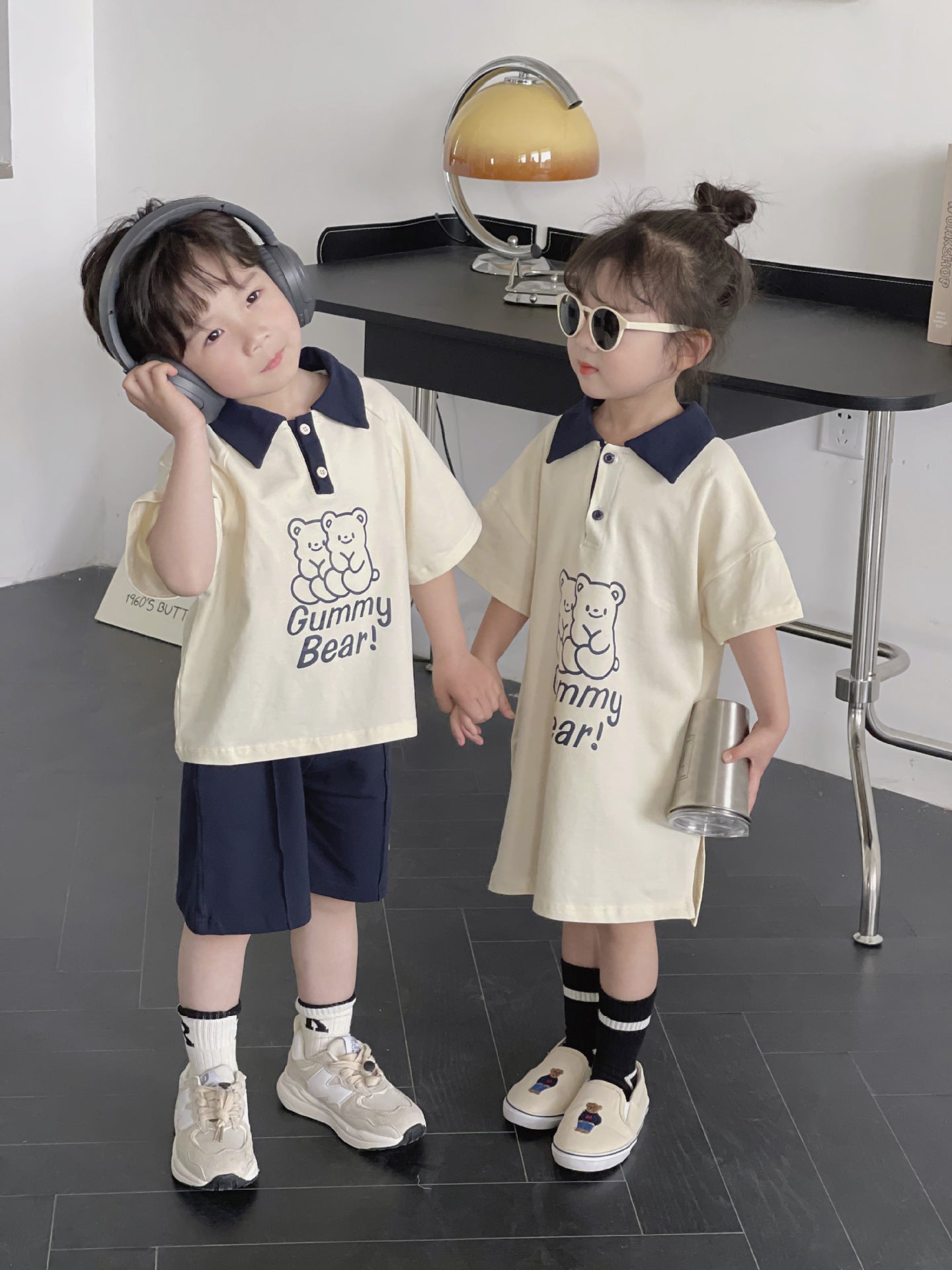 Polo de manga corta con estampado de osos para niños, pantalones cortos y vestido [mh0001950]