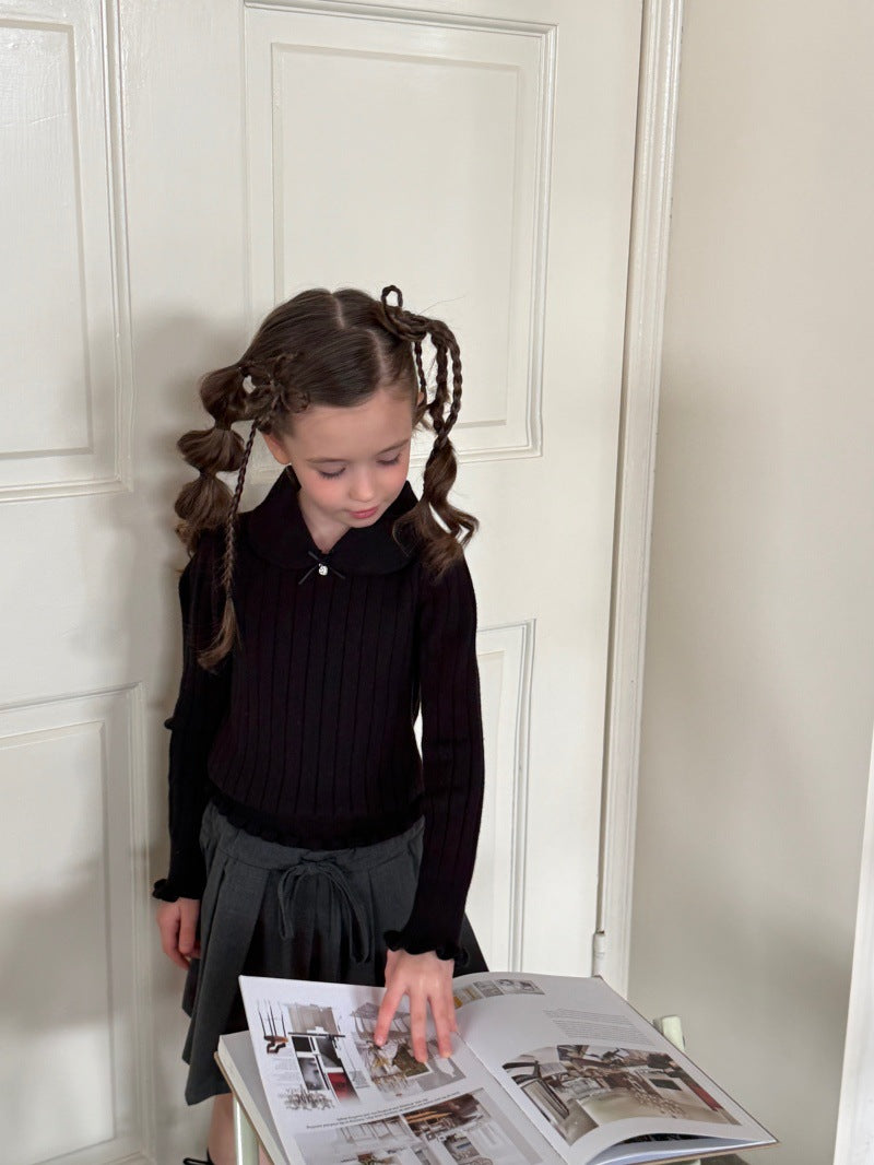 Kids' Ribbed Knit Round Neck Long-Sleeve Pullover with Frills