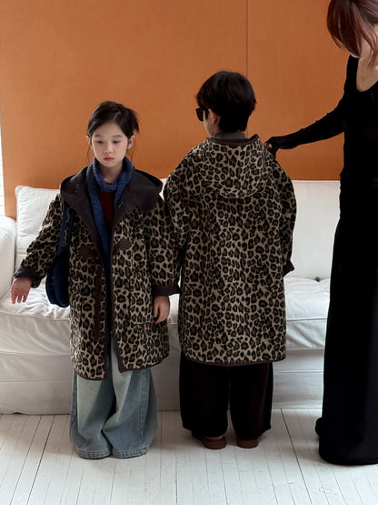 ダッフルコート キッズ レオパード柄 中綿 裏起毛 フード付 ロング丈【mh0011678】