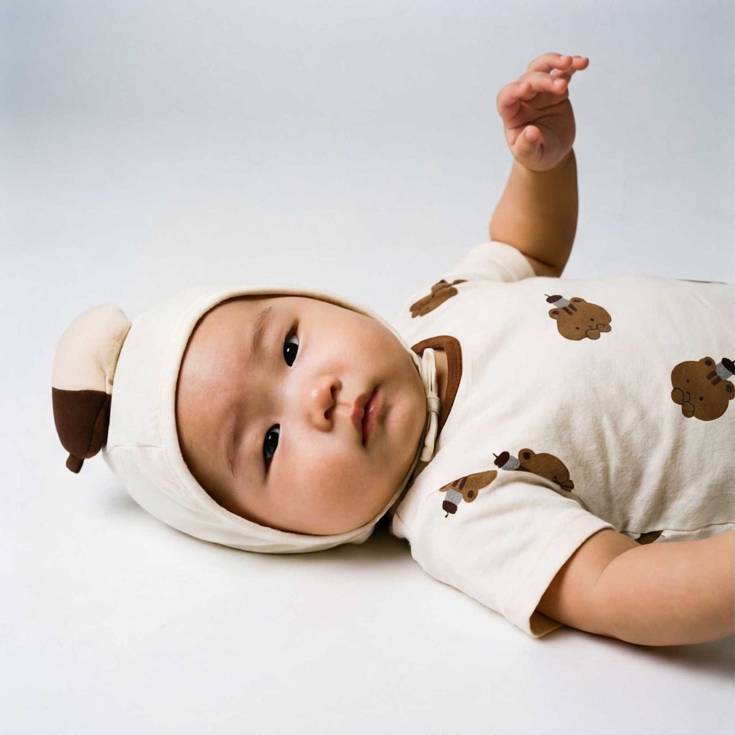 Short Sleeved Squirrel Print Jumpsuit With Chestnut Hat リスプリント 半袖ロンパース【mh0013360】