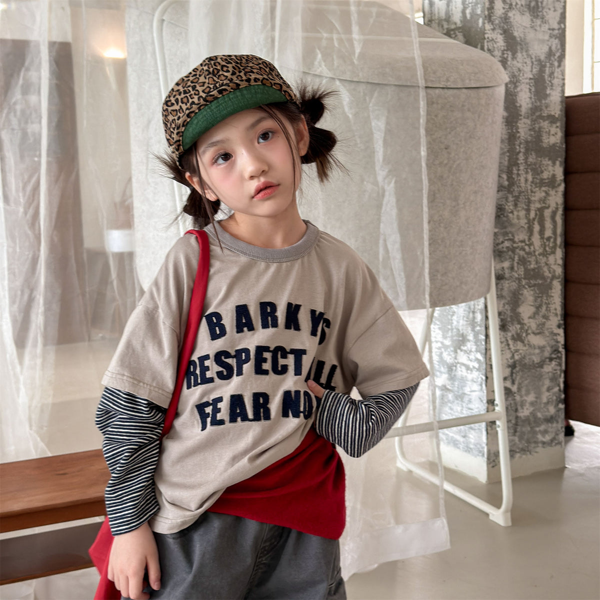 キッズ ボーダープリント レイヤード風 長袖Tシャツ【mh0014556】