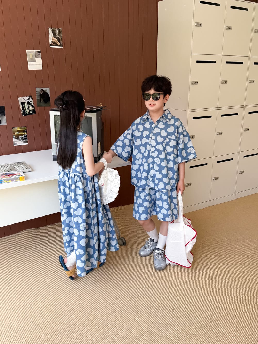 Heart Pattern Denim Set Dress ハート 半袖シャツ ハーフパンツ ノースリーブワンピース【mh0013526】