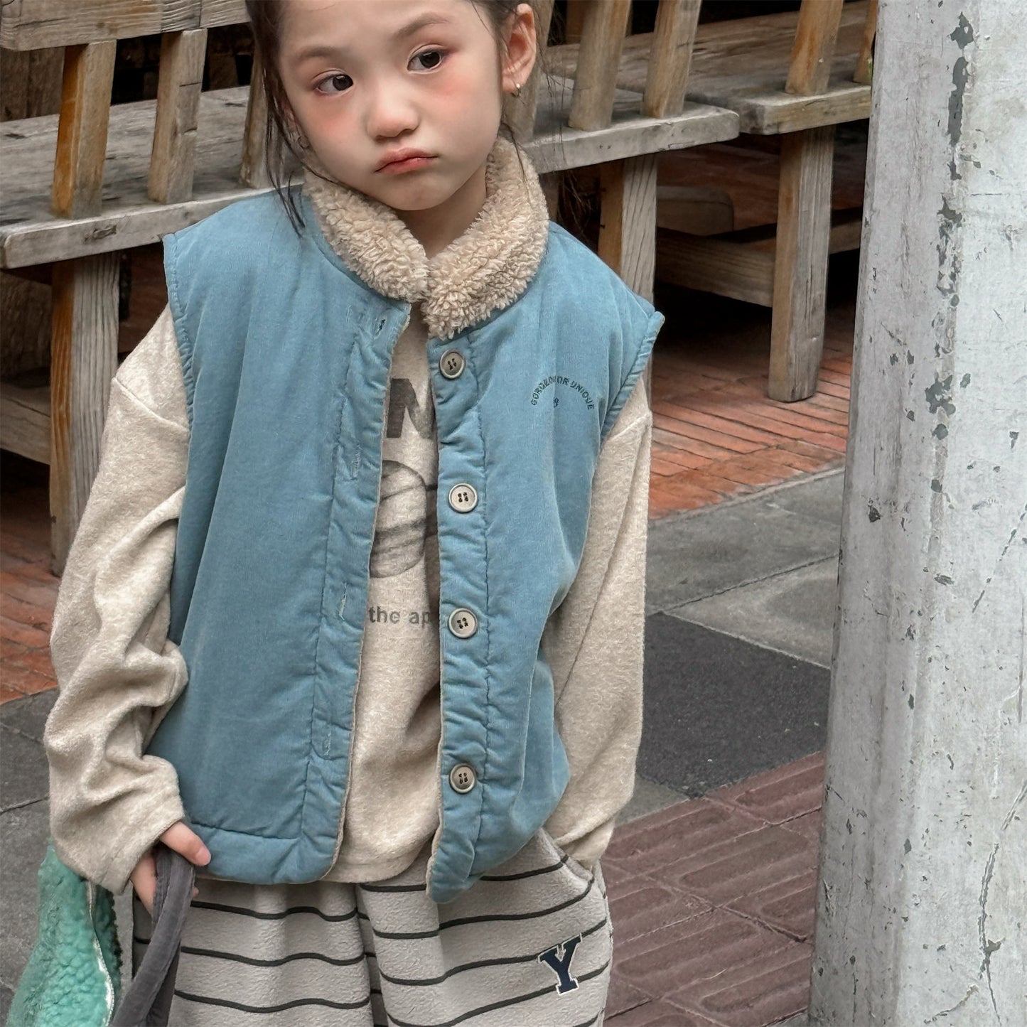 -ボア襟コーデュロイキルティングベスト刺繍入りアウター【mh0010915】 - mamahalo shop - ベスト -  べビー服 - 子供服 - 男の子 - 女の子