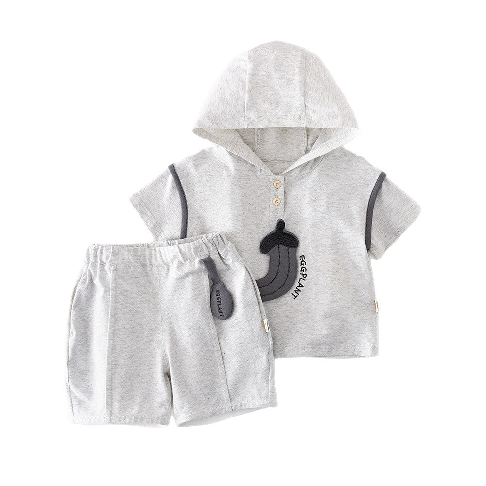 Cartoon Hooded Set Eggplant Print Short Sleeve Setup [mh0012852]