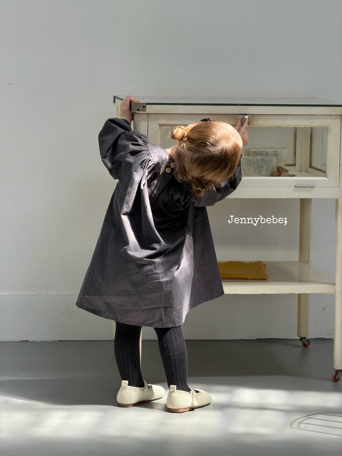 Kids' Plain Long-Sleeved Back-Button Gathered-Waist Flared Dress