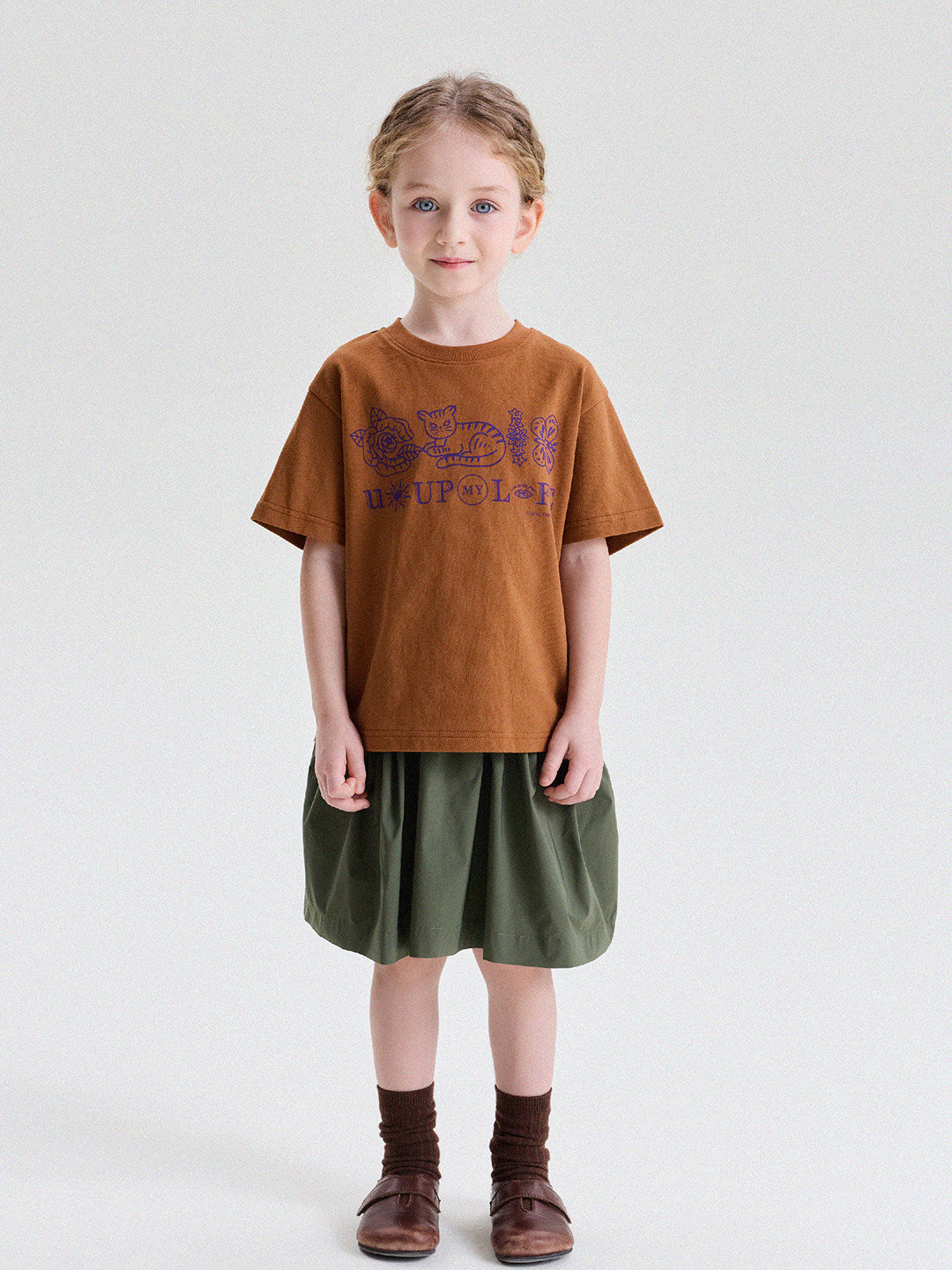 キッズ クルーネック キャットモチーフ レトロプリント 半袖Tシャツ【mh0013779】