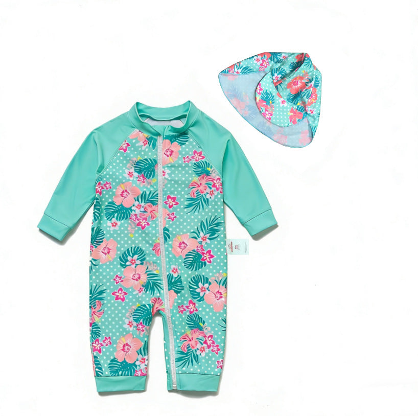One-Piece Surf Wear With Matching Cap プリント 長袖水着 帽子セット【mh0013315】