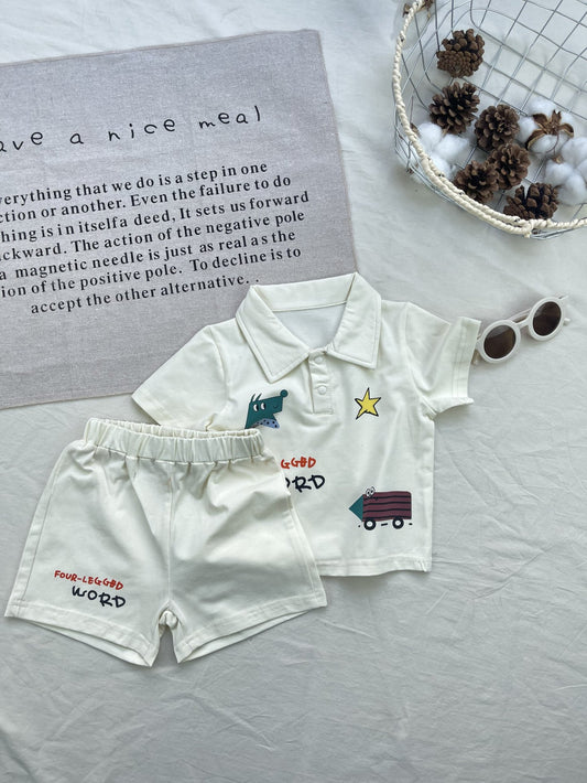 Cartoon Polo Shirt Set クレヨン風イラスト 半袖ポロシャツ ショートパンツセット【mh0012919】