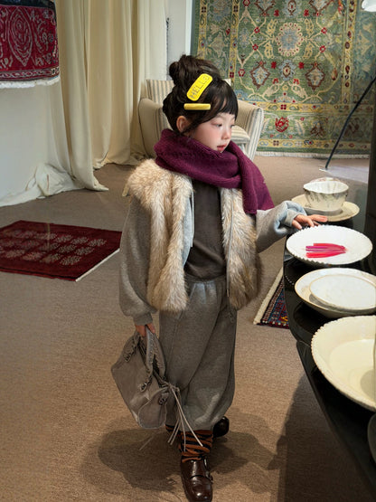 Kids' Set 2026 Winter Girls' Faux Fur Patchwork Sweatshirt Two-Piece Set, Thickened Fleece-Lined Kids Set Mo Xiao Meng【mh0014700】