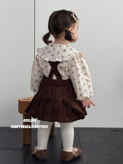ベビー キッズ 小花柄 長袖ブラウス コーデュロイ サスペンダー プリーツスカートブルマ【mh0014678】