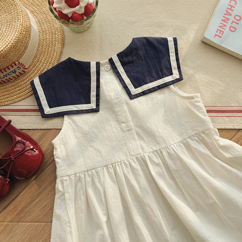 ヨット刺繍 セーラーカラー ノースリーブワンピース レトロモダン【mh0013662】