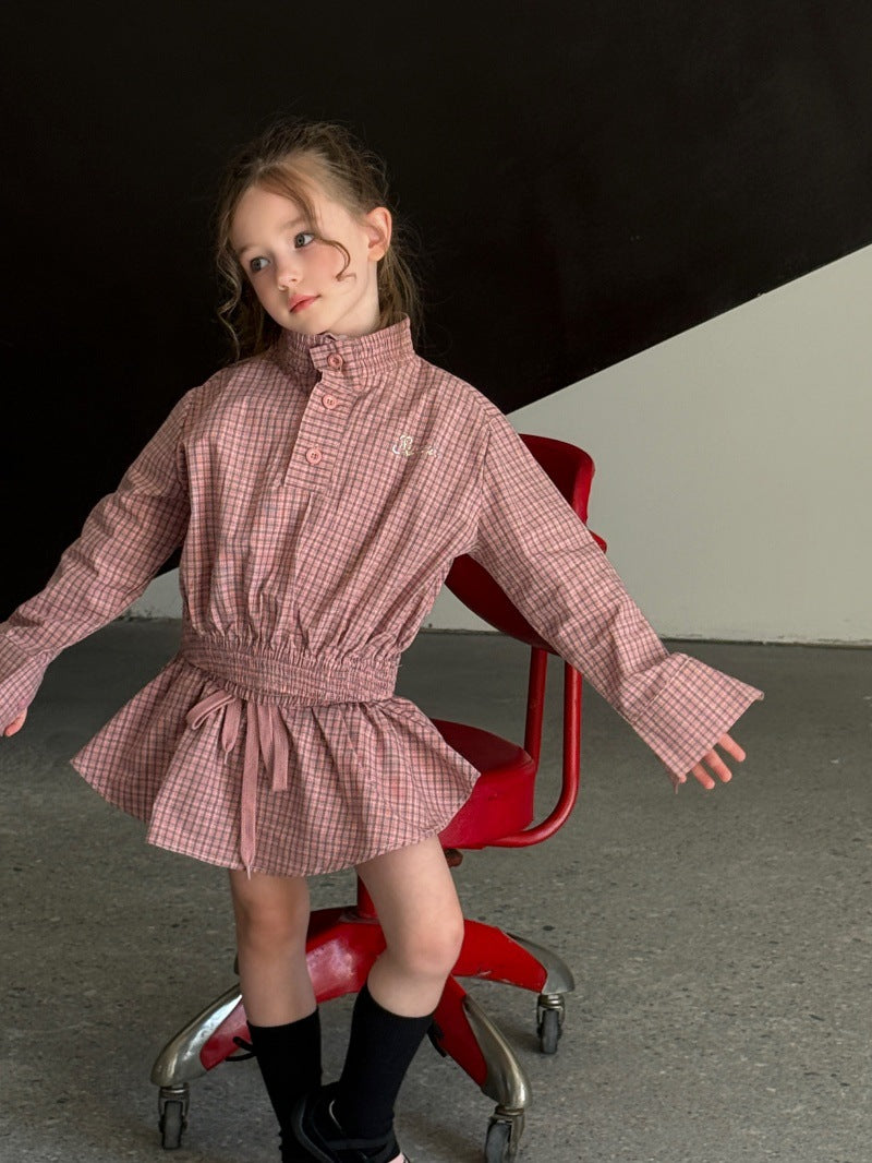 Kids' Plaid Stand-Collar Ruffled Long-Sleeve Shirt and Miniskirt Set [mh0014078]