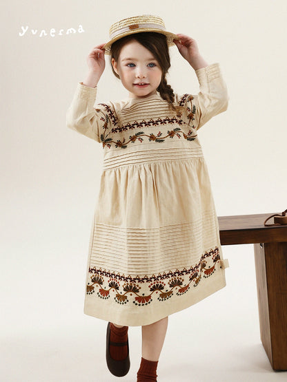 -長袖ワンピース 麻混素材 刺繍 ボヘミアン ギャザー フレア 森ガール【mh0011303】 - mamahalo shop - 長袖ワンピース -  べビー服 - 子供服 - 男の子 - 女の子