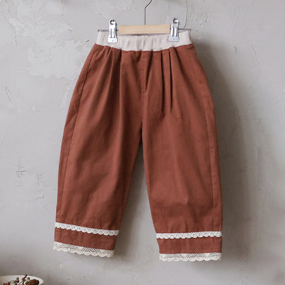 キッズ用バルーンパンツ（ブラウン）裾レース、フロントタック入り
