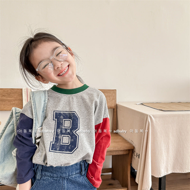 Kids Tops Long Sleeve T-Shirt Patchwork Letter Logo Print 2 Colors