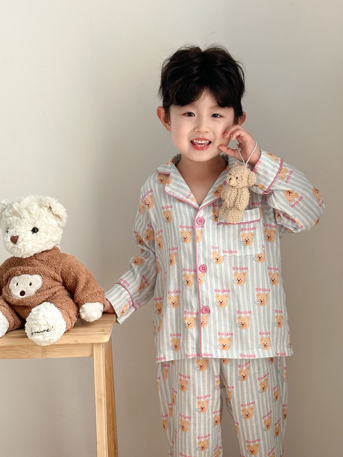-ストライプくま/リボンプリント長袖パジャマセットアップ 2点セット【mh0011232】 - mamahalo shop - 長袖パジャマ -  べビー服 - 子供服 - 男の子 - 女の子