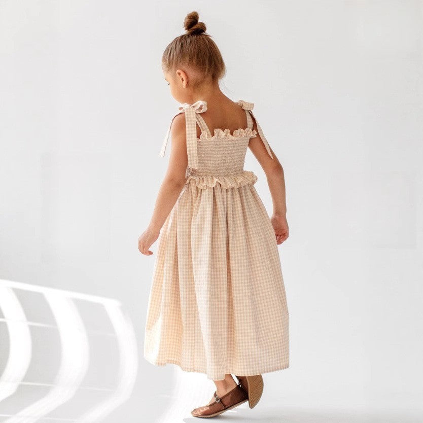 Vestido de tirantes a cuadros de algodón de verano para niñas rusas INS 2026, vestido de princesa de elegancia británica en stock【mh0013861】