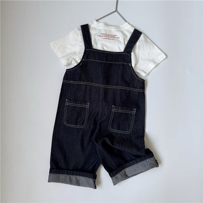キッズ パッチ デニム ステッチ ロング サロペット【mh0013650】