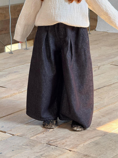 デニムパンツ ワイドルーズ 裏フリース ブラックデニム ジーンズ【mh0011773】