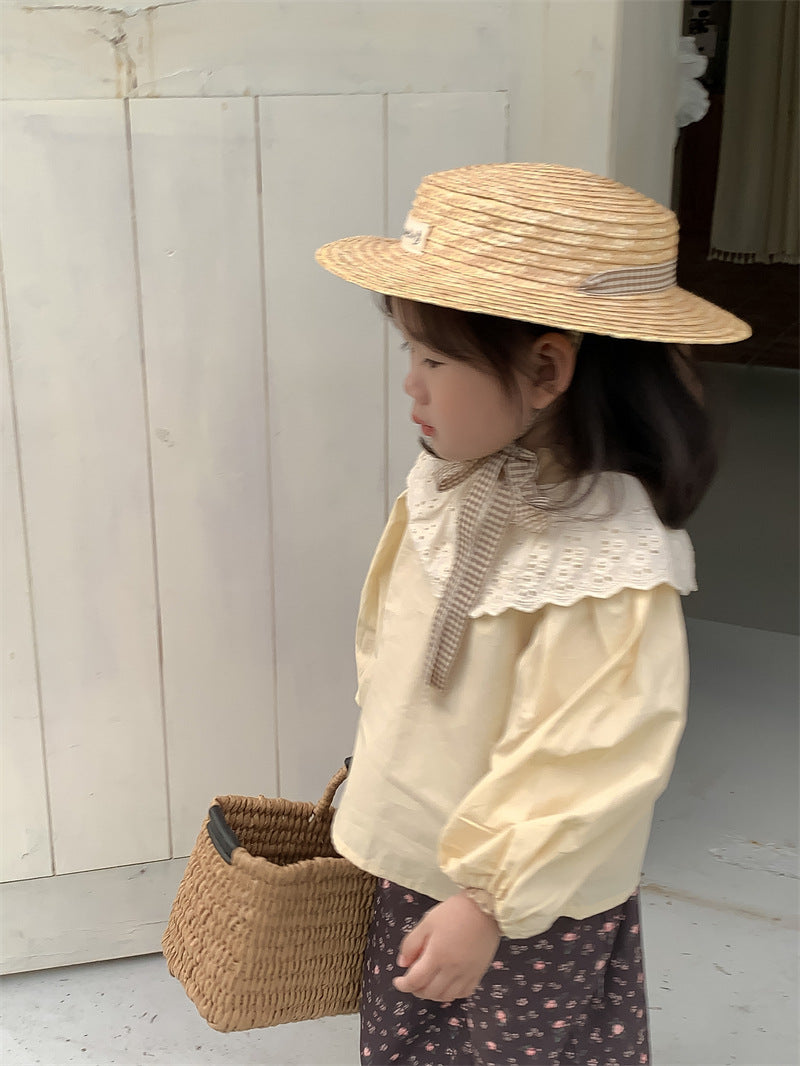 キッズ レース サークルカラー フリル 長袖 ブラウス トップス アプリコット キャラメル ガールズ【mh0002700】