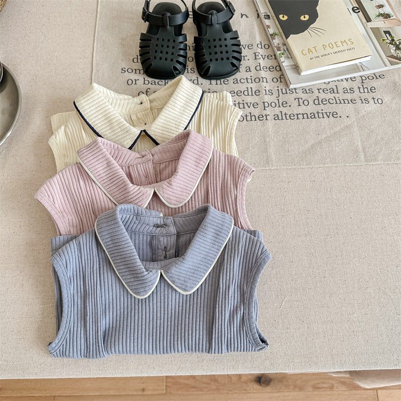 Kids' Ribbed Sleeveless T-shirt with Collar and Round Neck【mh0001795】