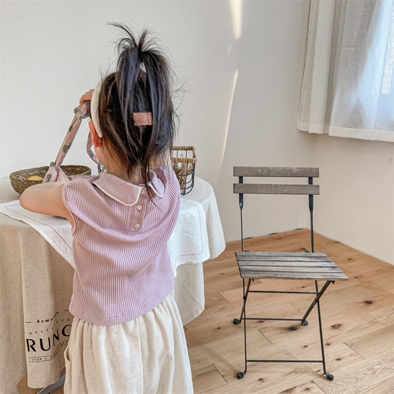 Kids' Ribbed Sleeveless T-shirt with Collar and Round Neck【mh0001795】