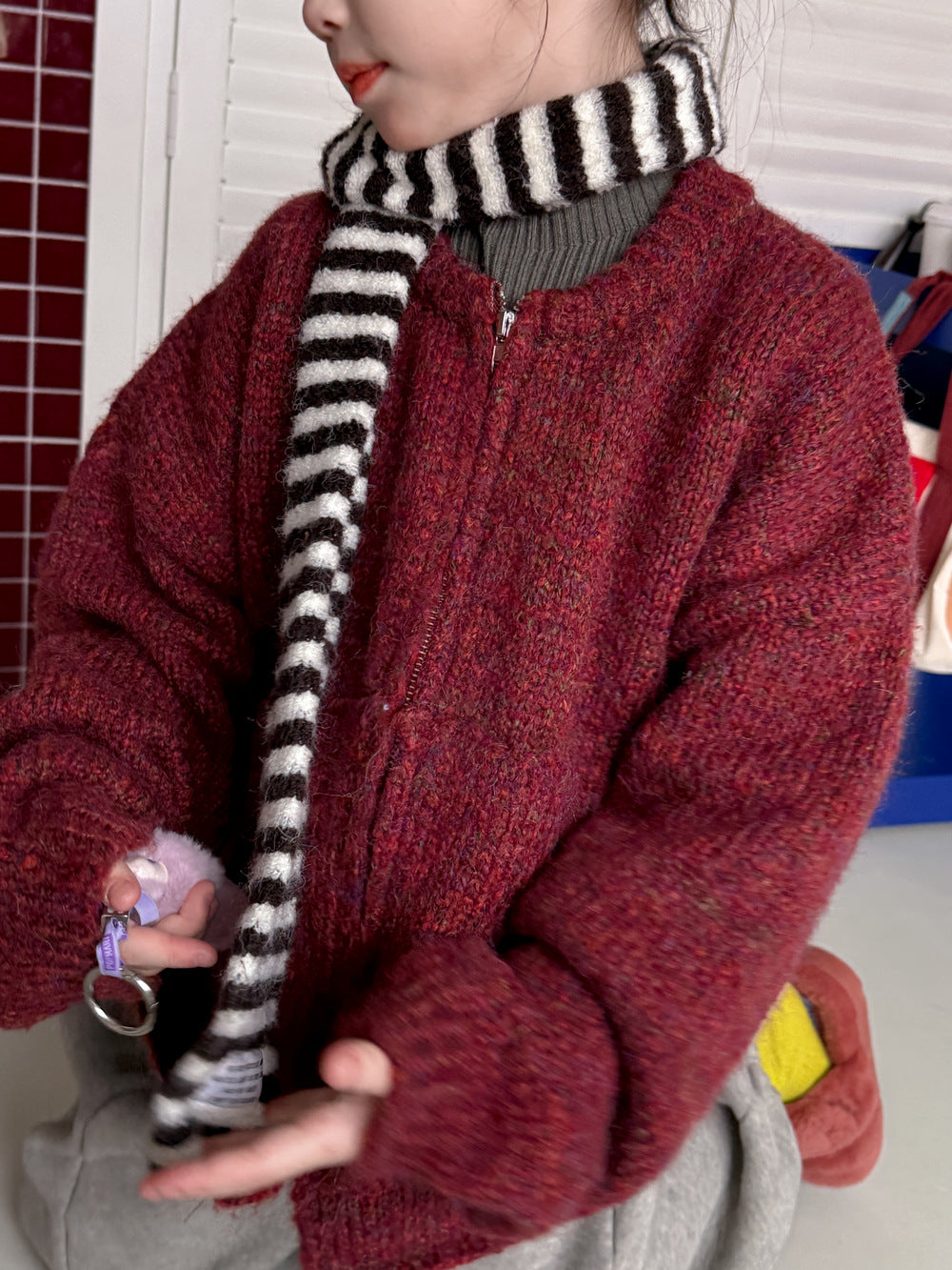 ニットカーディガン キッズ 裏起毛 厚手 無地 ジップアップ カジュアル【mh0011682】