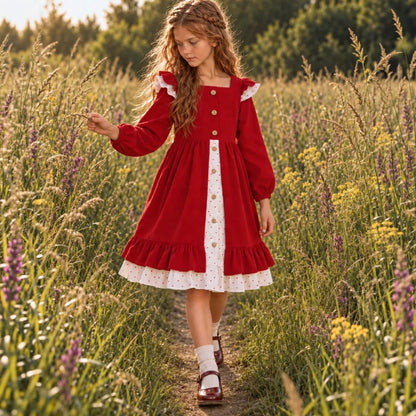 Vestido princesa lolita de pana con flores y bloques de color para niña, primavera/otoño 2027, estilo JK de dos piezas falso【mh0014745】