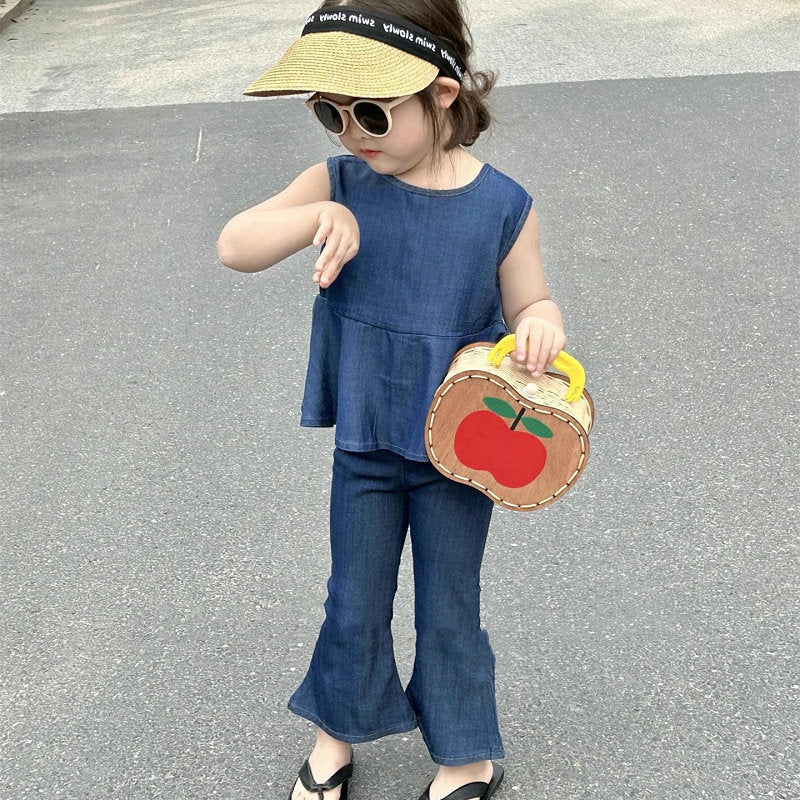 Kids' Denim Sleeveless Peplum Blouse and Flare Pants Set [mh0001861]