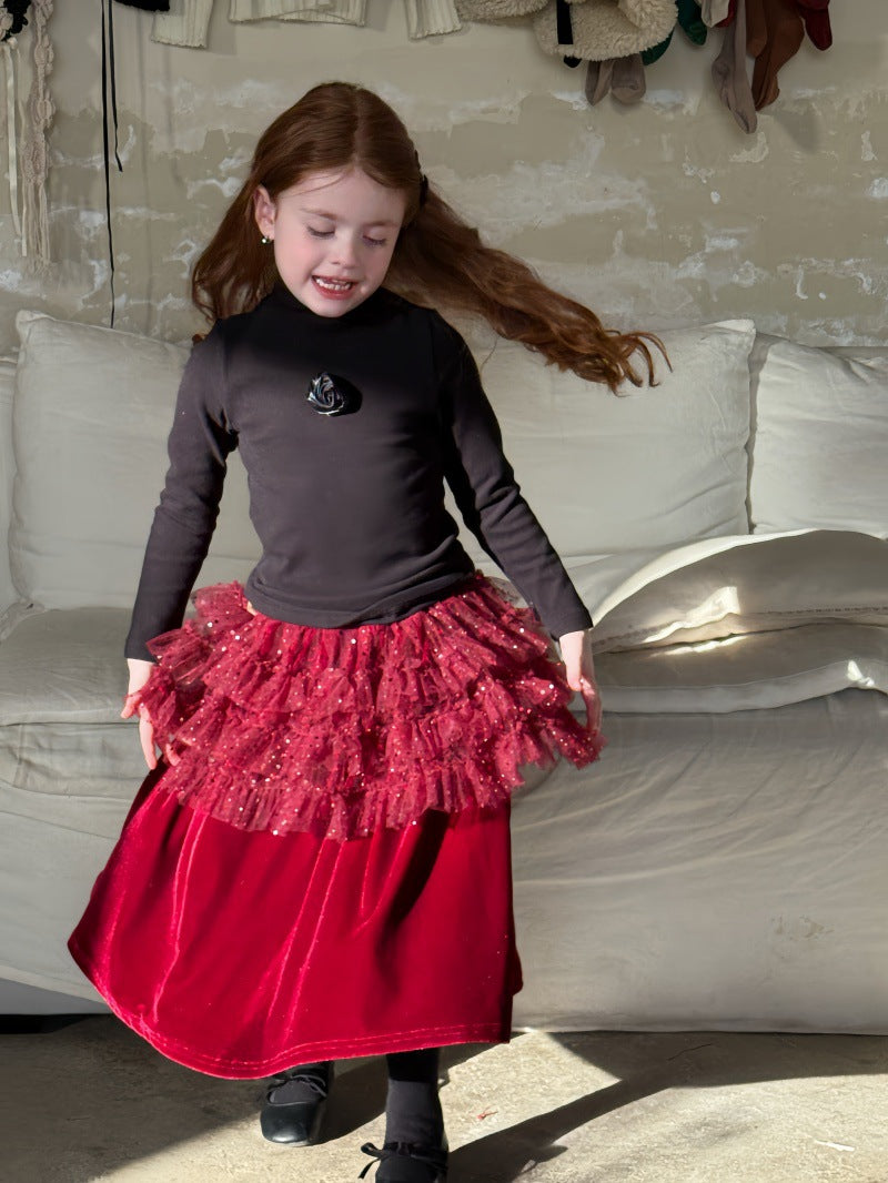 ハイネック長袖Tシャツ/ベルベッドメッシュドッキングスカート【mh0011888】