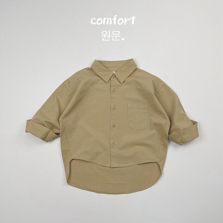 Camisa de manga larga lisa suelta con bolsillo en el pecho para niños【mh0013936】