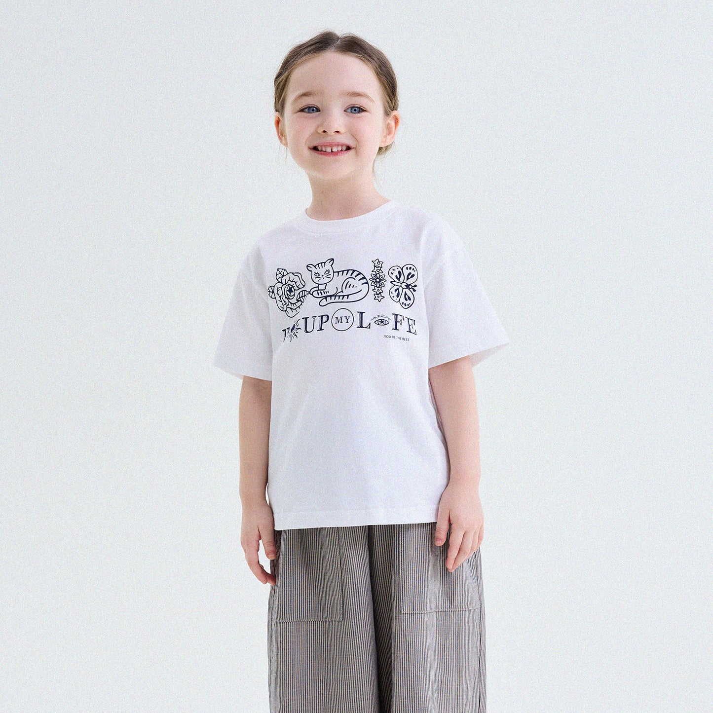 キッズ クルーネック キャットモチーフ レトロプリント 半袖Tシャツ【mh0013779】
