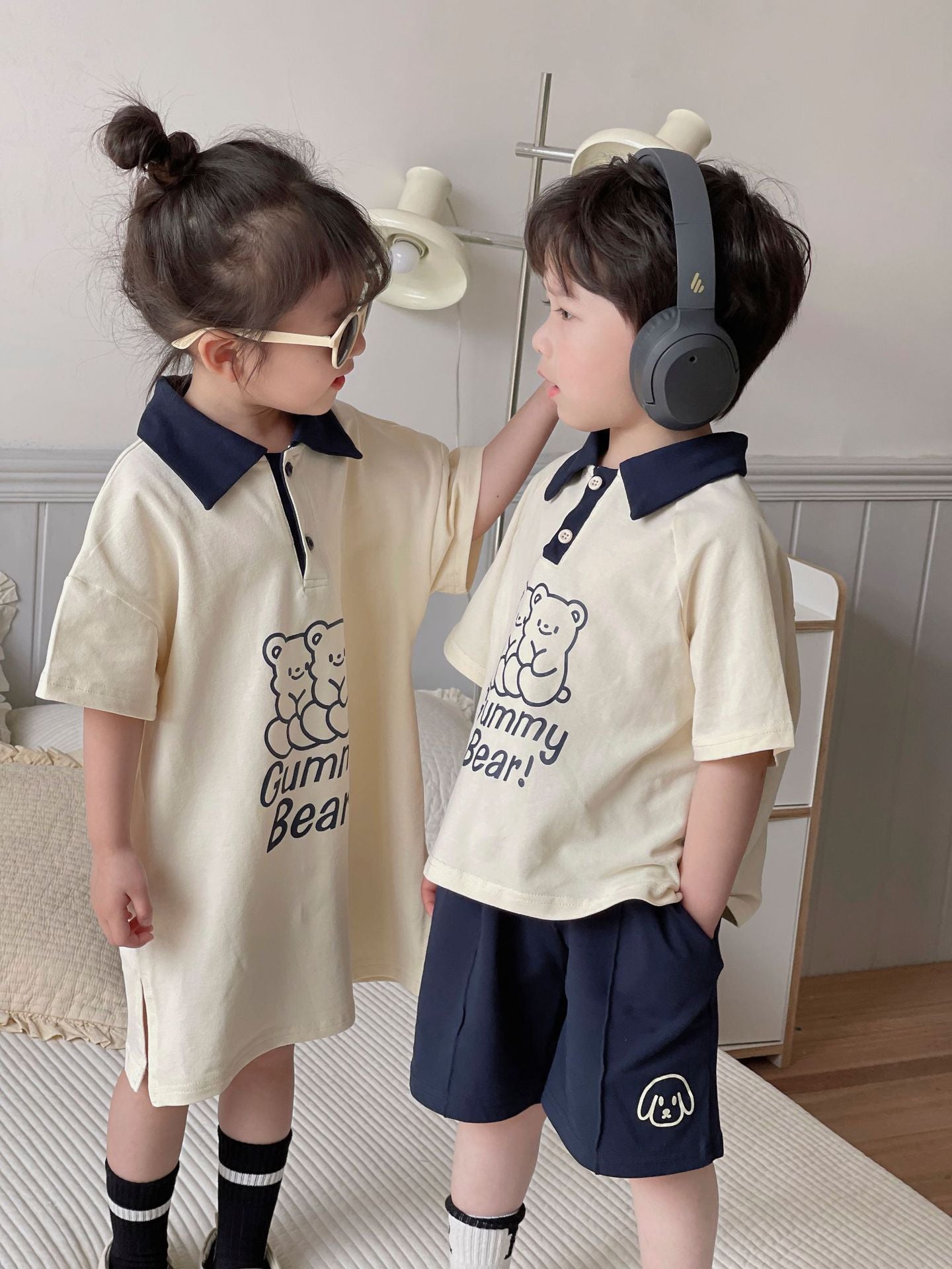 Polo de manga corta con estampado de osos para niños, pantalones cortos y vestido [mh0001950]